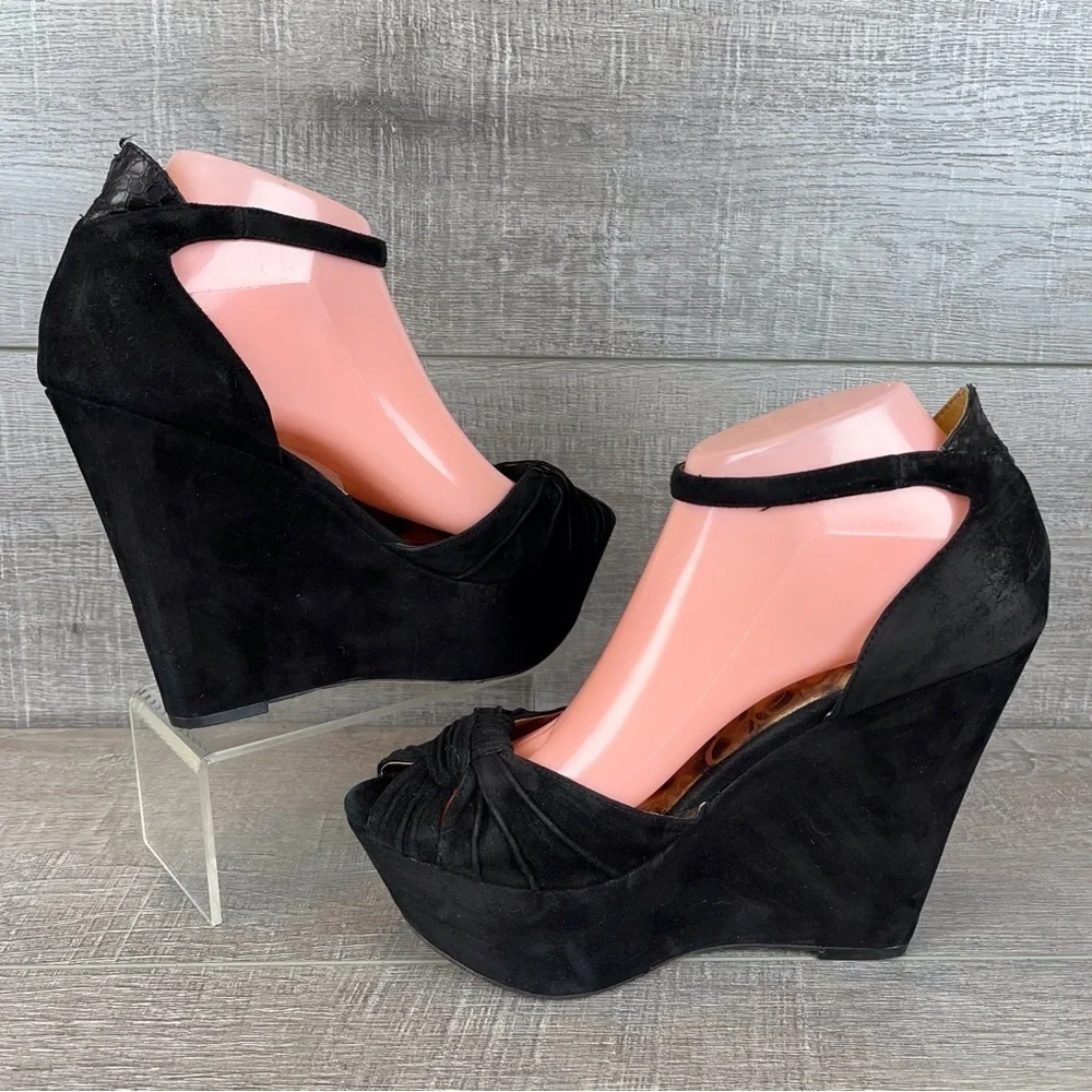 Sam Edelman sz 8.5 Qiana black suede platform wedge peeptoe heels